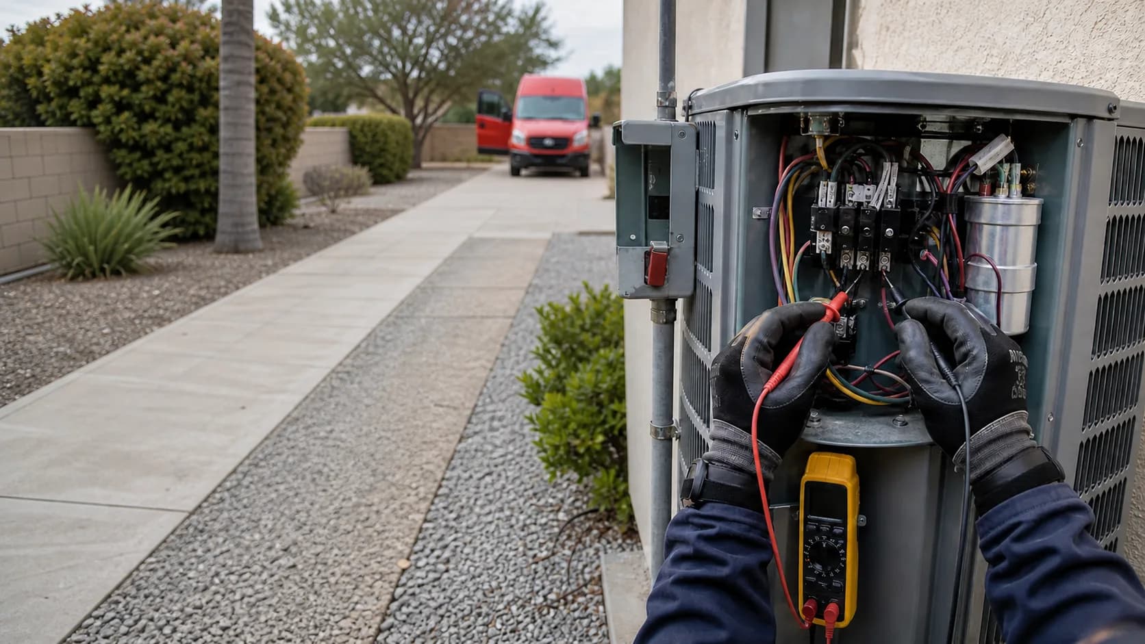 Rizzo technician diagnosing an outdoor air conditioner with a multimeter