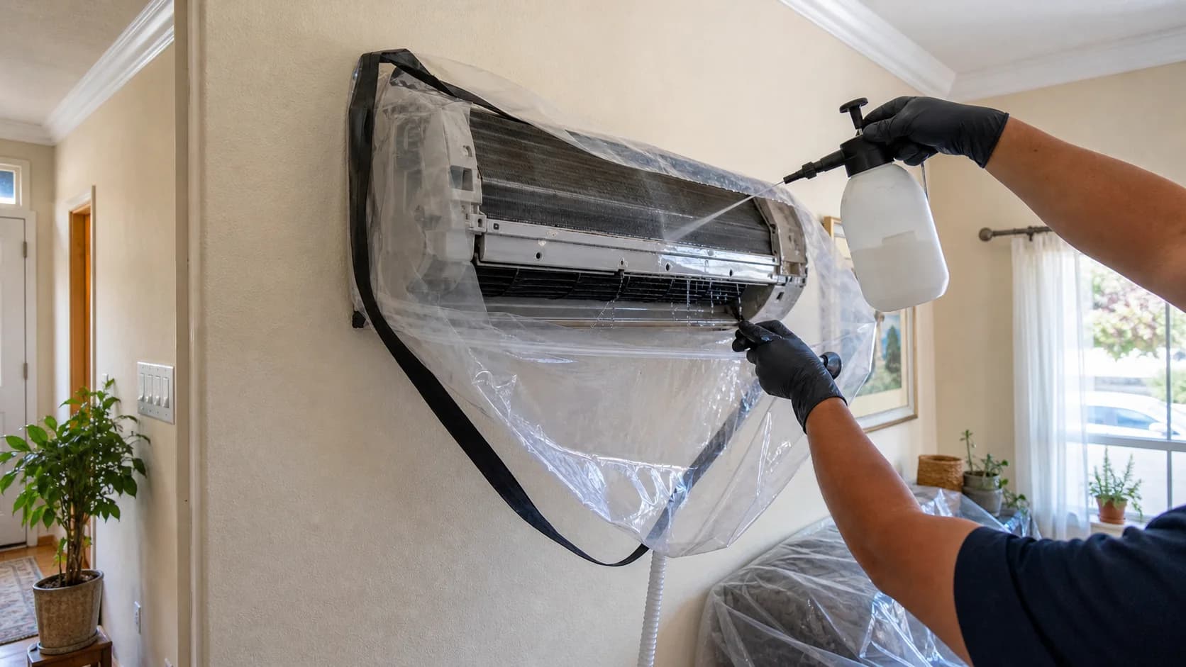Ductless coil and blower being cleaned with a wash bag