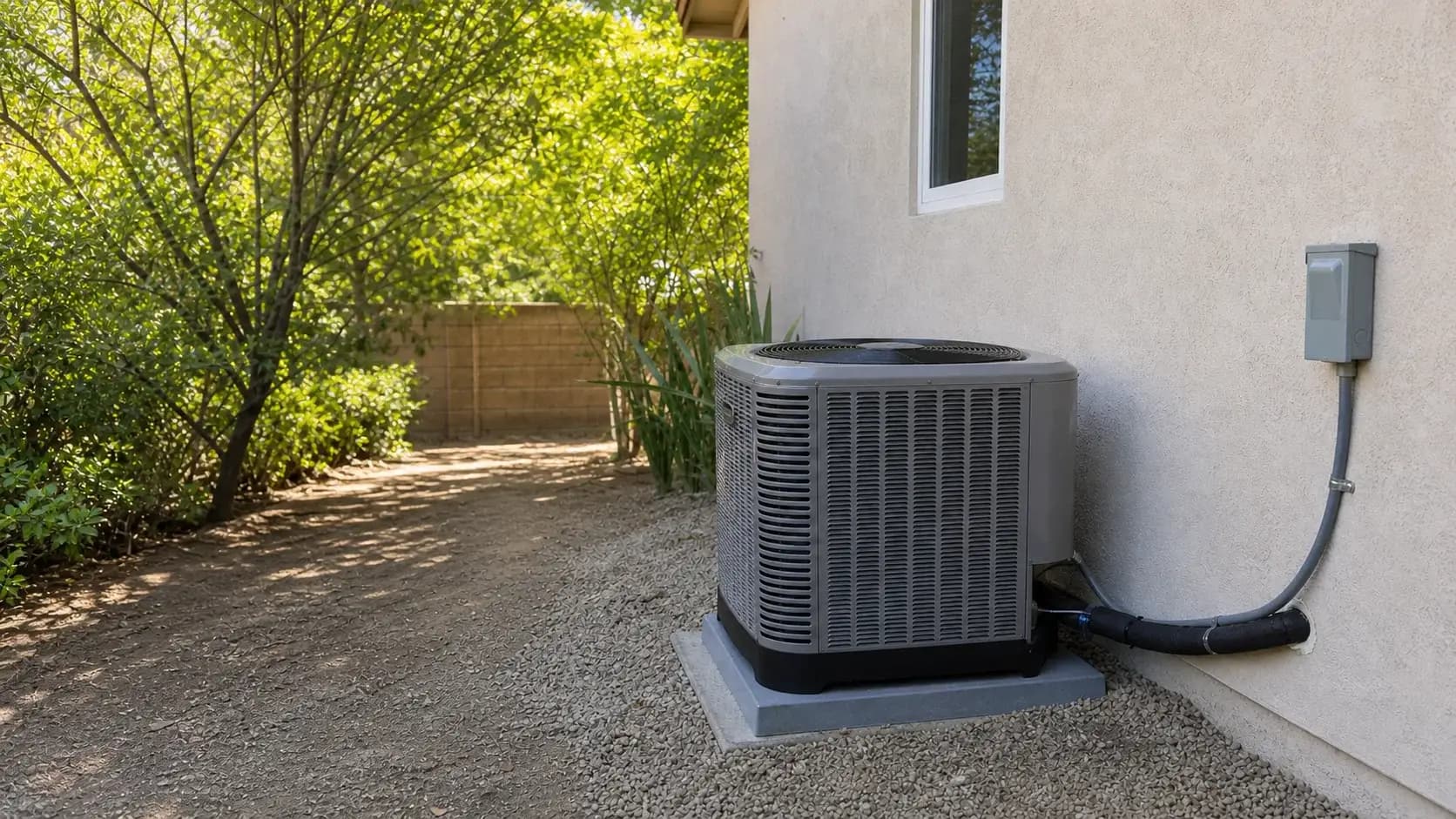 Finished heat-pump installation with a clean lineset and disconnect
