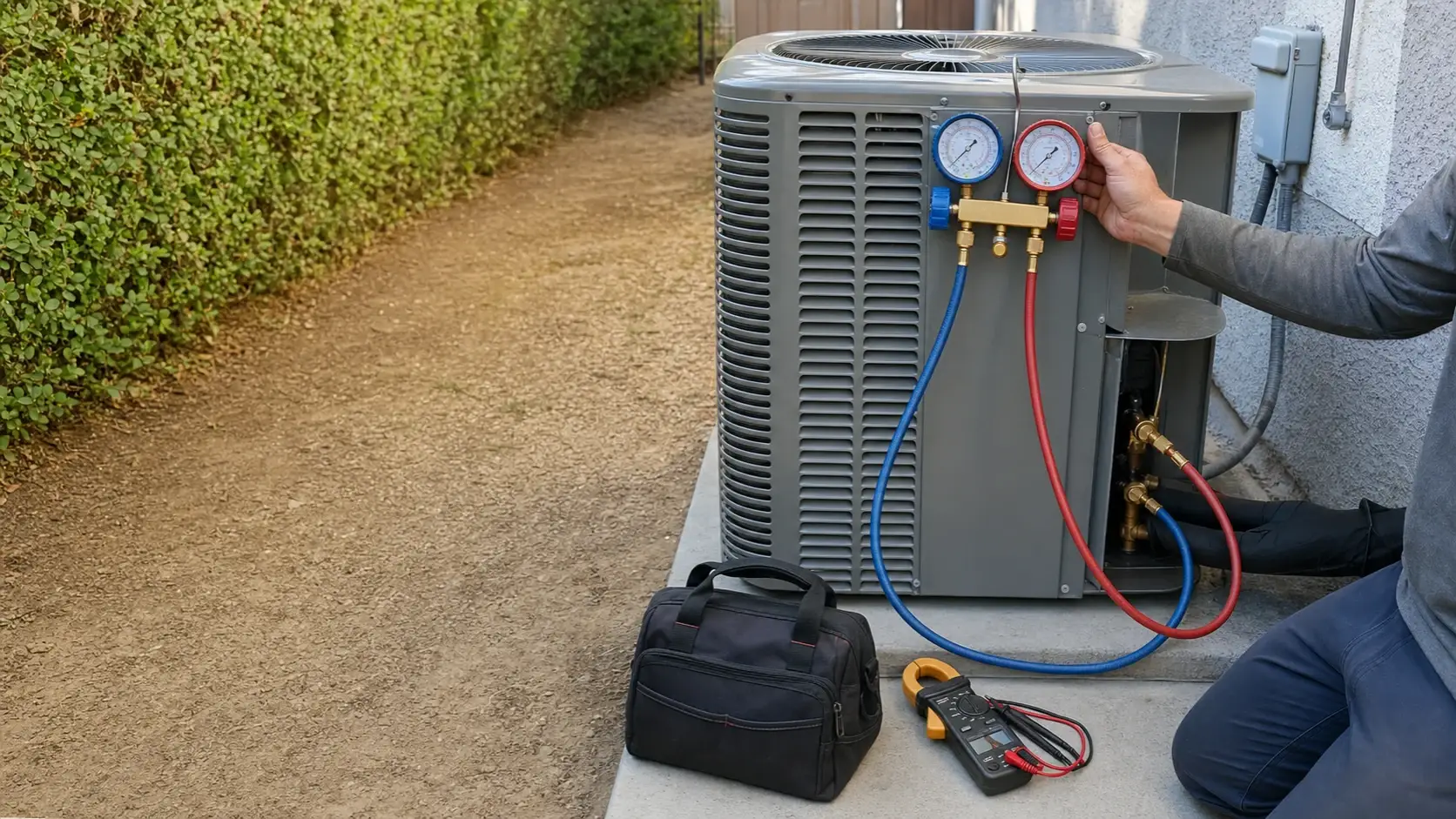 Outdoor air conditioner maintenance with gauges and hand tools