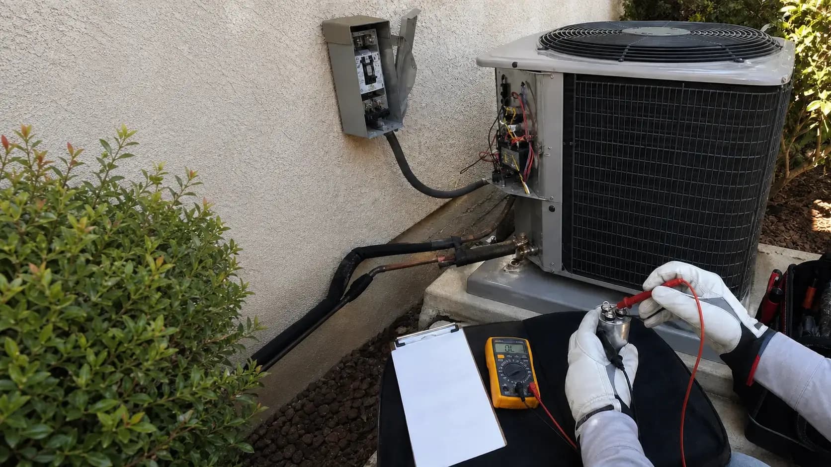 Capacitor and contactor inspection at an outdoor service panel