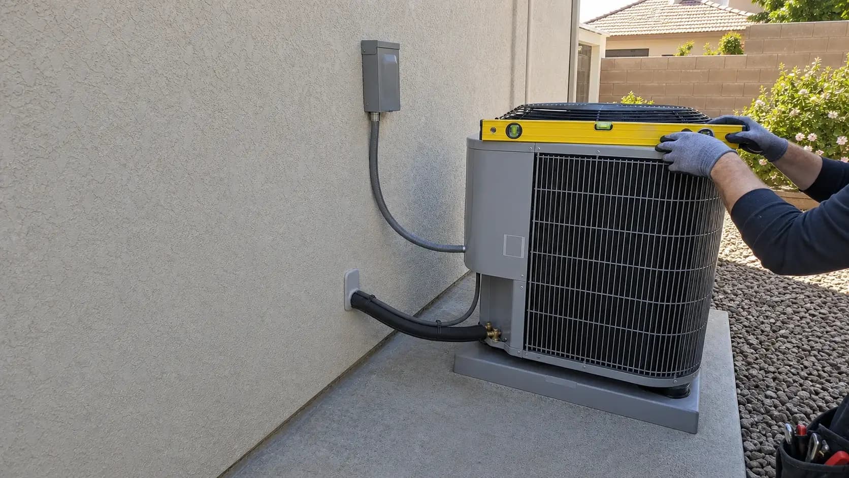 New outdoor air conditioner being leveled on a side-yard equipment pad