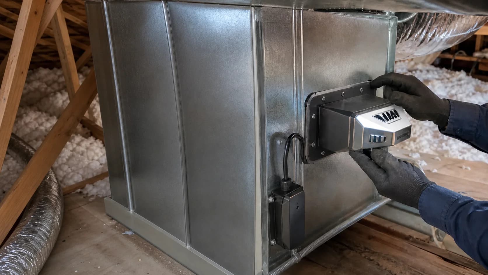 Air scrubber being installed beside an existing residential air handler