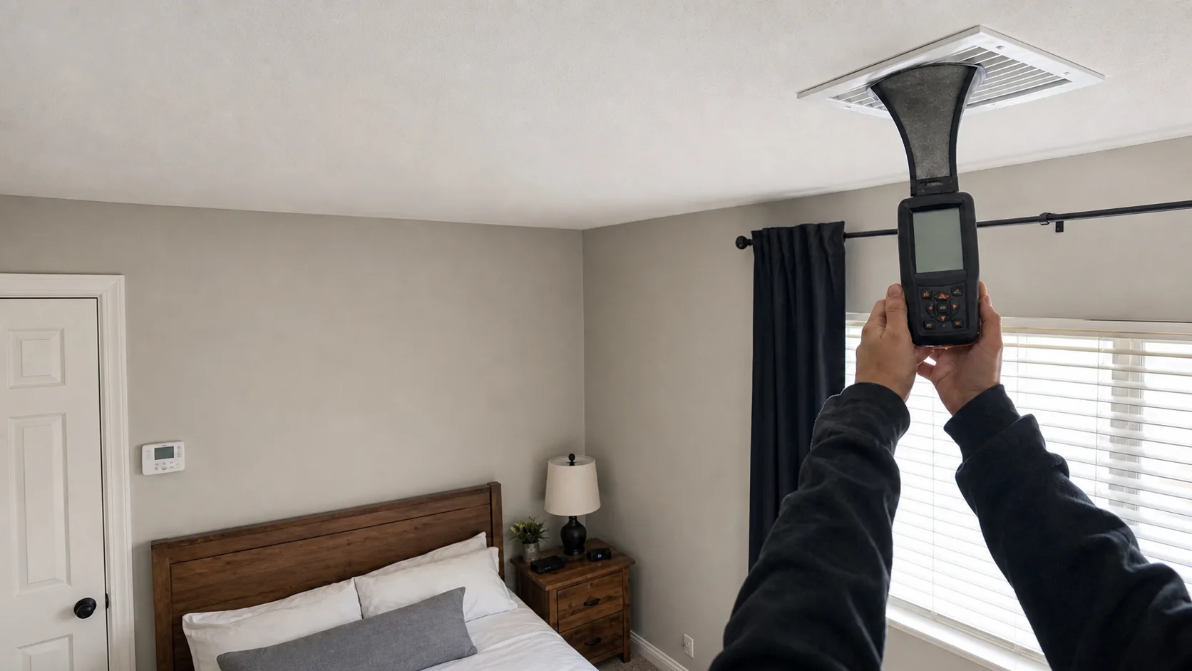 Supply airflow being measured at a bedroom register