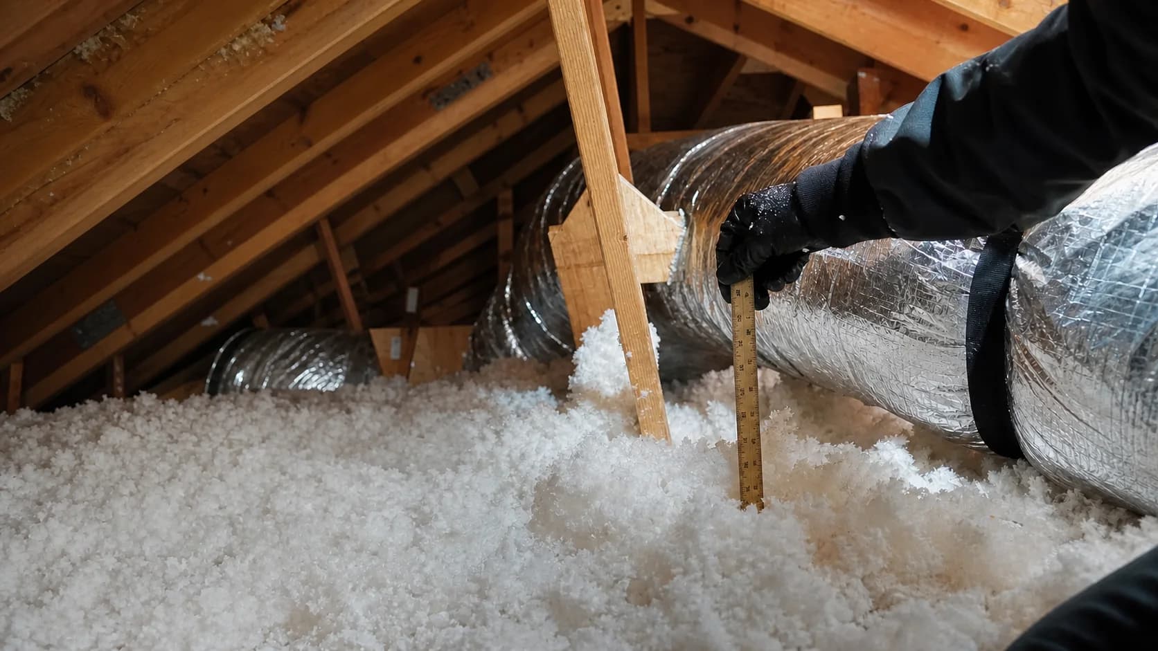 Insulation depth being measured beside attic ductwork