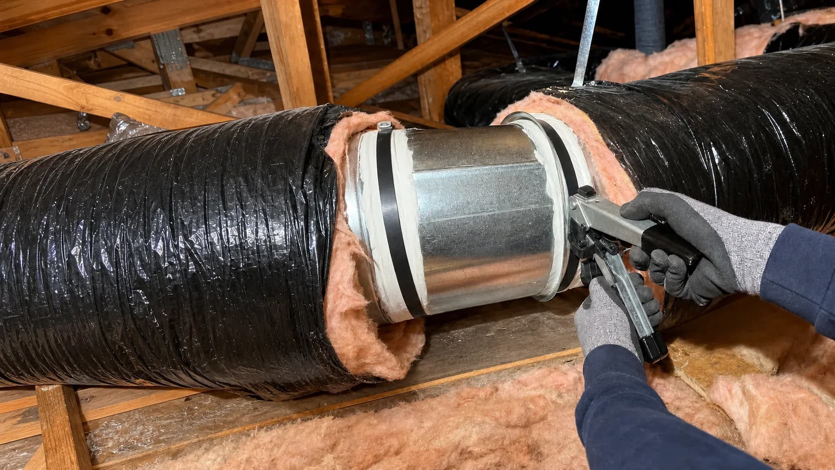 Damaged attic duct joint being repaired by hand