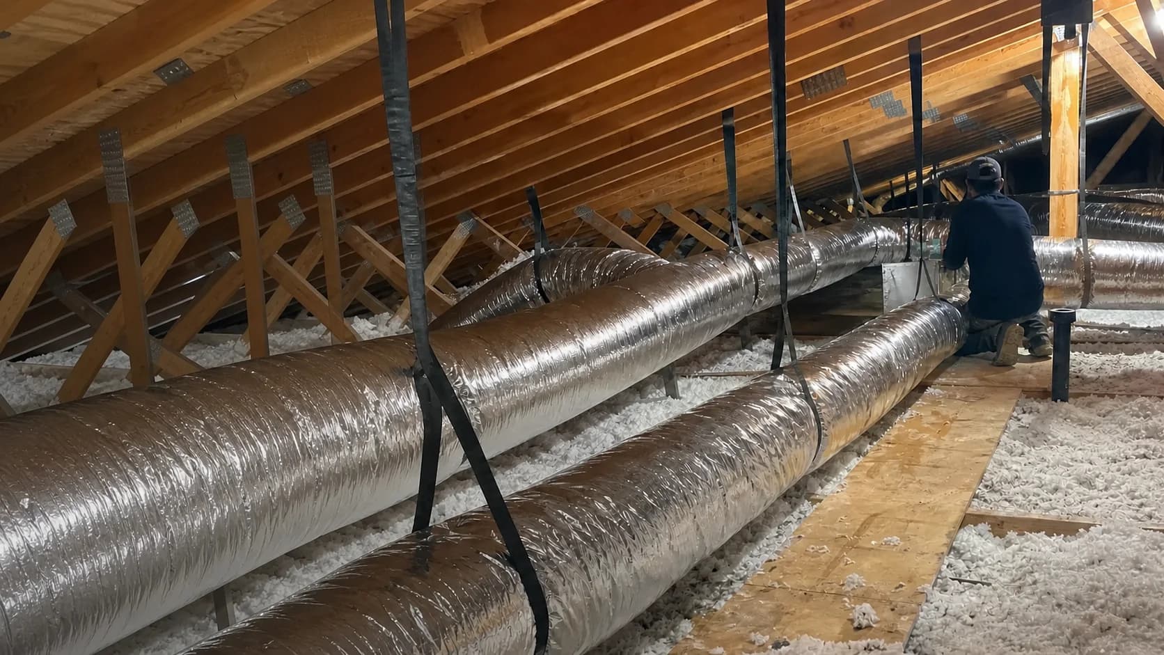 New insulated duct runs arranged through attic framing