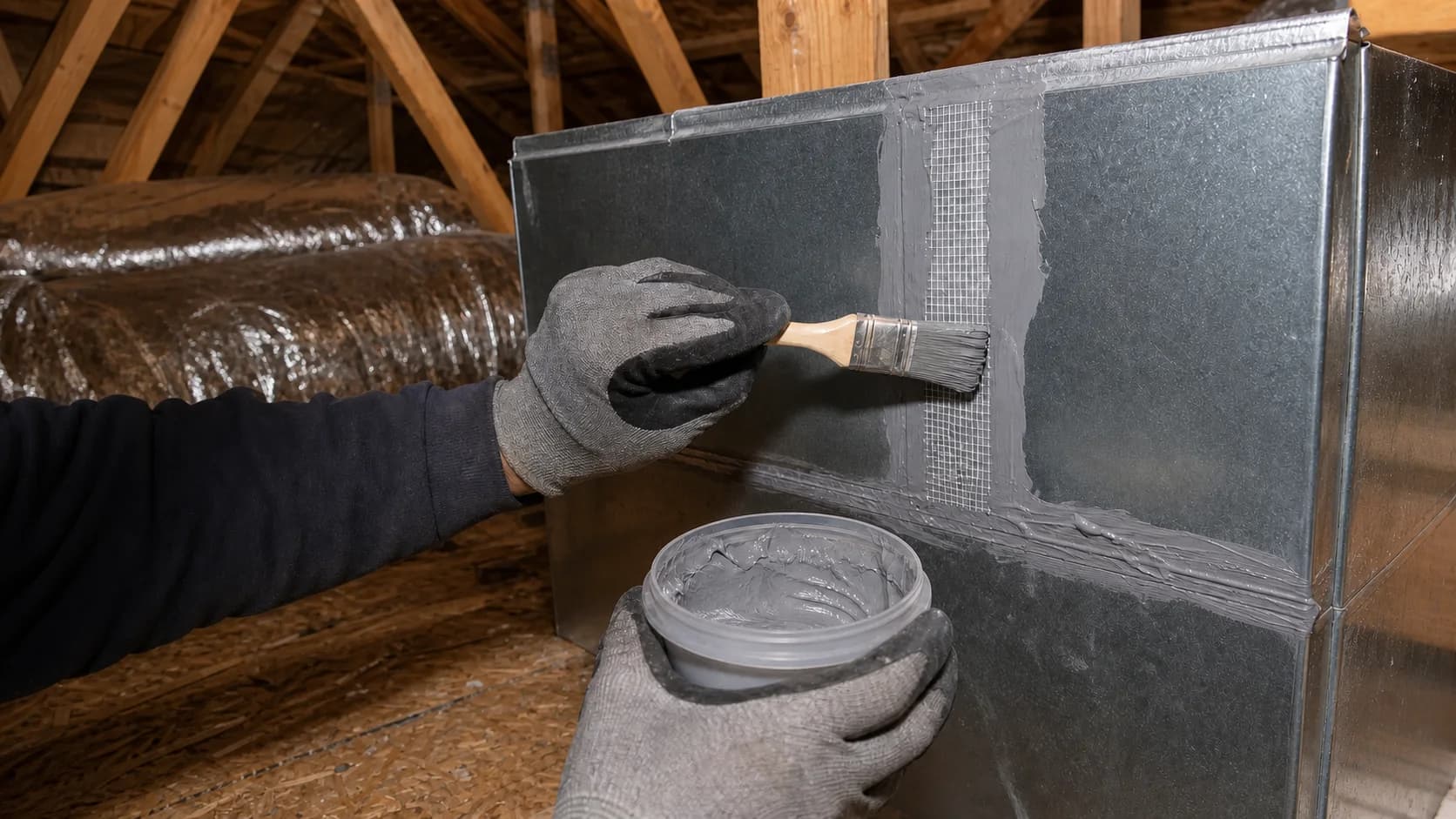 Sheet-metal duct joint being sealed during an attic repair