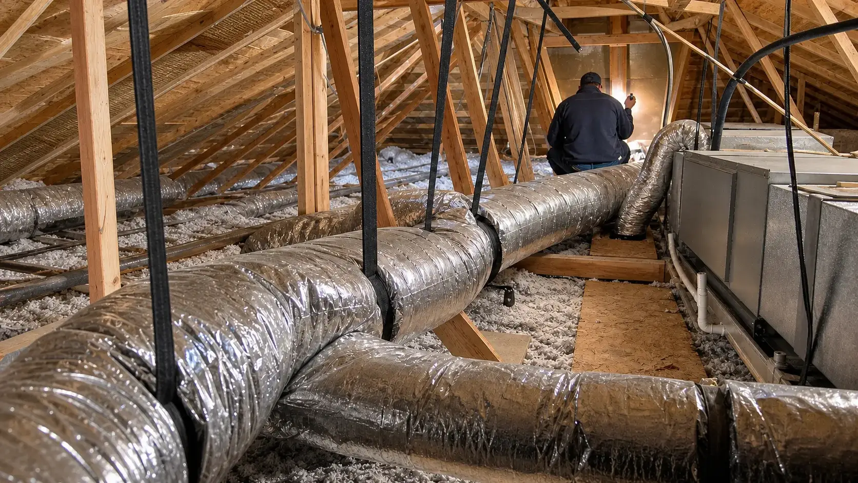 Attic trunk and branch duct system being inspected for airflow