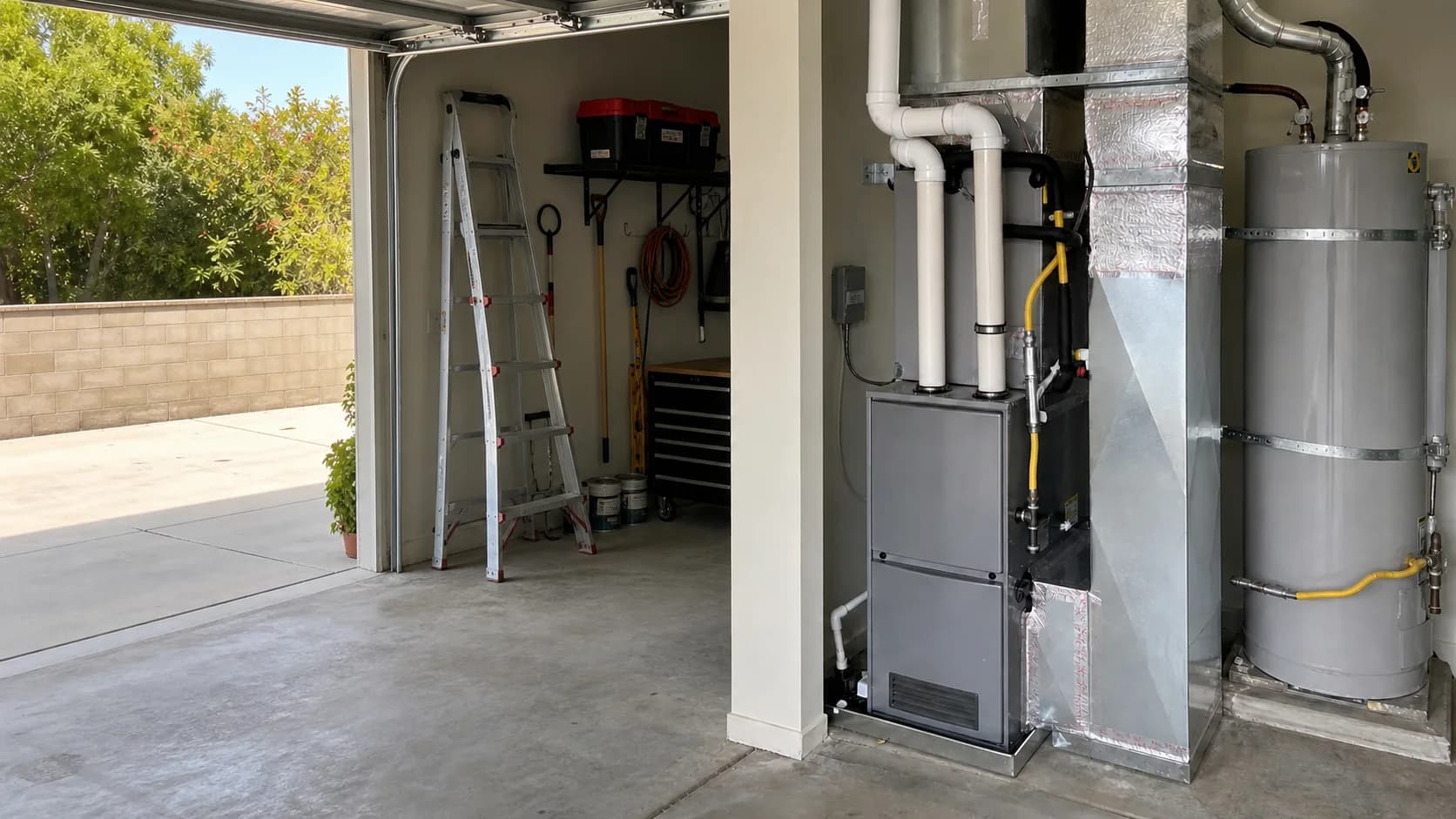 Finished furnace installation with clean transitions and utility connections