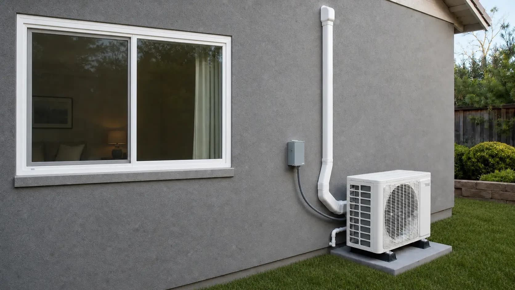 Finished ductless mini-split condenser installation with line-hide, disconnect, and condensate drain