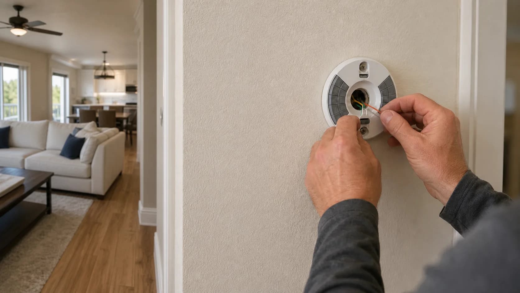 Low-voltage wiring being connected behind a smart thermostat