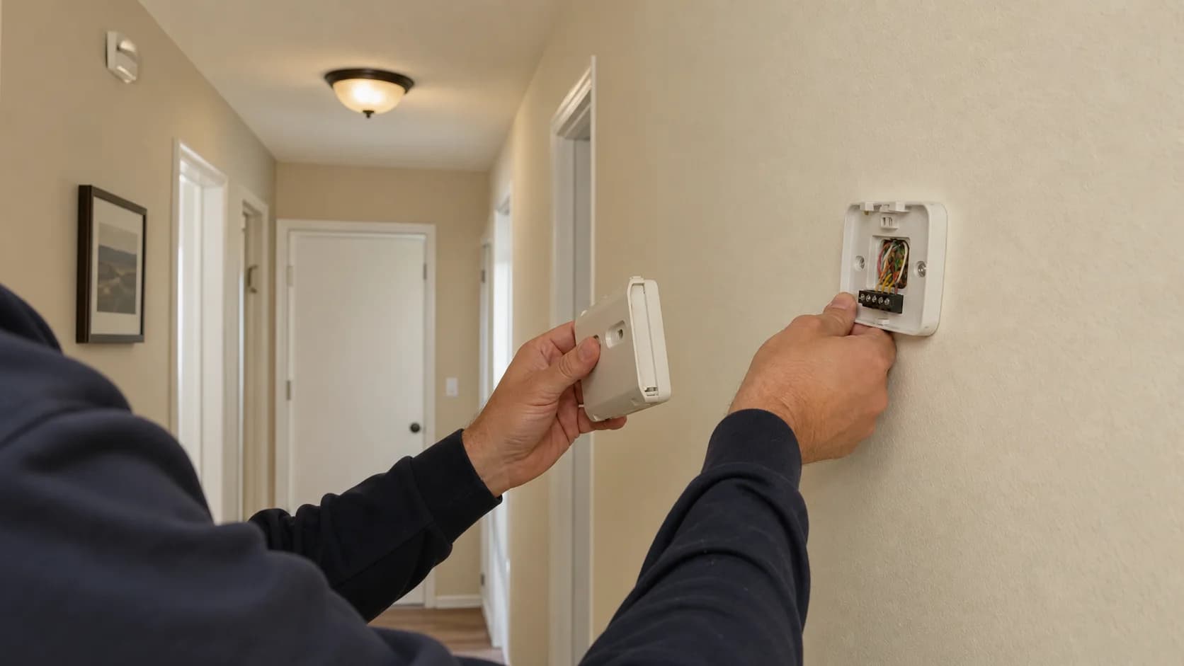 Older wall thermostat being replaced in a Southern California home